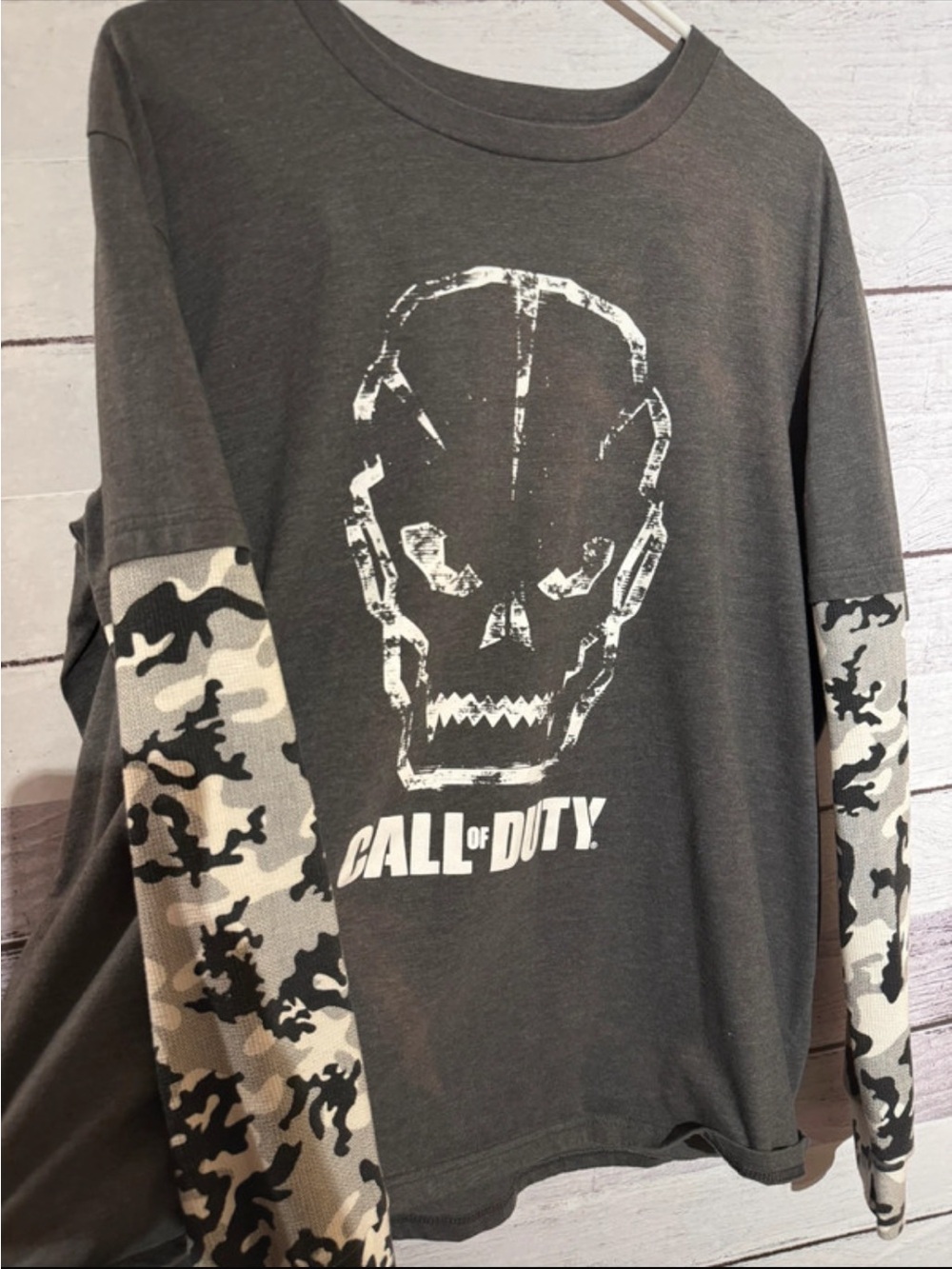 Call of Duty Men's Charcoal Graphic Long Sleeve with Camo Sleeves